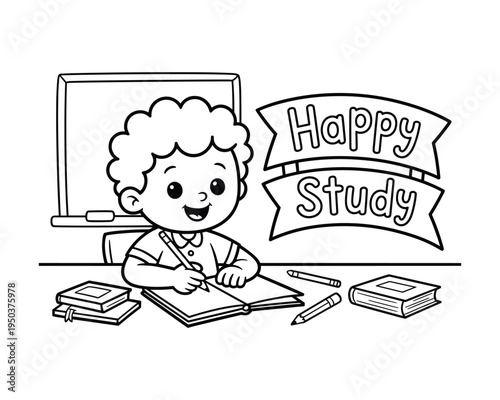 Happy cartoon boy happily writing at a desk with books and pencils learning happily