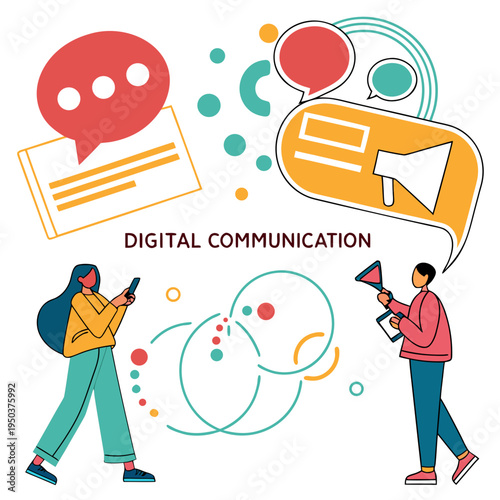 Digital communication and public relations concept: people interacting with smartphones, megaphone, and messaging, social media, online presence, mass communication