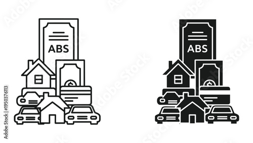 Asset-Backed Securities (ABS) Concept with Houses, Cars, Credit Cards and Money Icons