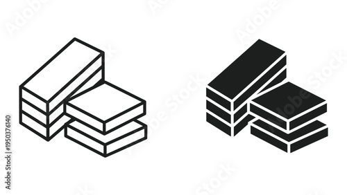 Isometric icon set of stacked rectangular blocks, outline and solid fill, representing data, storage, building blocks, or abstract concepts