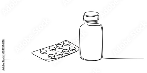 Continuous line drawing of a medicinal pill bottle placed next to a blister pack of round tablets