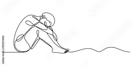 A continuous line drawing of a person sitting curled up in a posture of deep sadness and despair