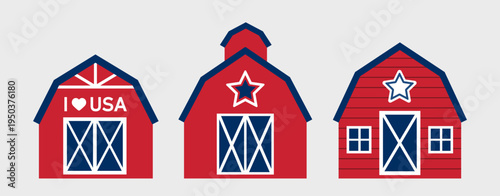 USA patriotic red barn flat vector illustration set.
American farmhouse barn icon illustration for Fourth of July celebration.