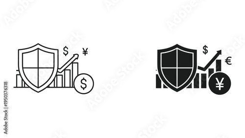 Financial Security Icon: Shield, Growth Chart, Currency Symbols (Dollar, Euro, Yen)