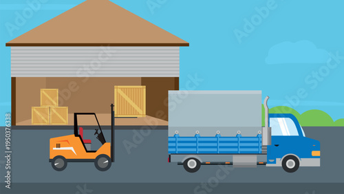 Warehouse Loading Process with Forklift and Cargo Truck Flat Vector Illustration