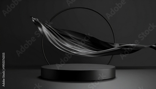 Elegant Black Abstract Composition with a Circular Frame and Podium.