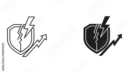 Broken Shield with Lightning Bolt and Upward Arrow - Security Risk, Danger, Growth Icon