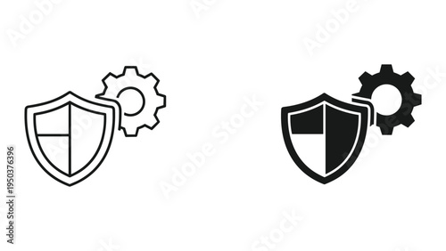 Shield and Gear Icon Set: Security and Operation Symbol for Data Protection and System Maintenance