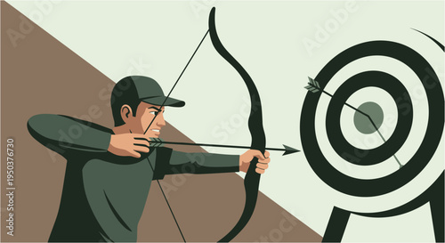 A focused archer, wearing a cap and dark clothing, skillfully aims a bow and arrow at a distant target, demonstrating precision and concentration in this graphic illustration.
