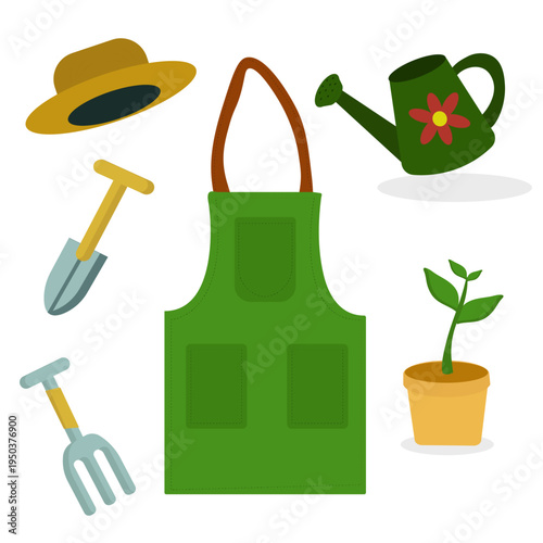 Cute gardening tools illustration set including apron, watering can, shovel, rake, hat and flower pot. Perfect for gardening, farming and spring garden design.