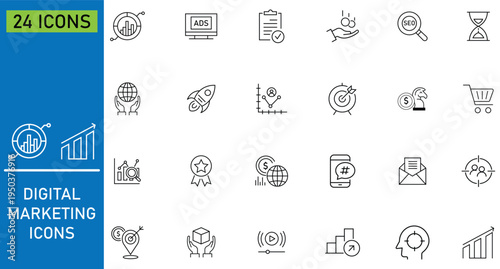 Collection of digital marketing icon set. Marketing and search engine optimization outline icons collection. Containing content, website, sales, mobile marketing, advertising and more. Vector.