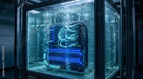 Innovative data center server rack submerged in special dielectric liquid for advanced immersion cooling technology.