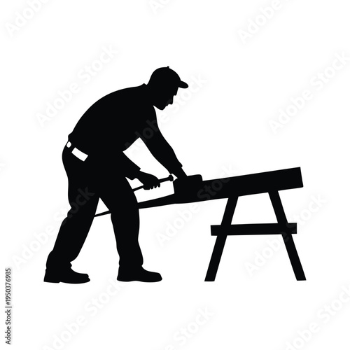 Carpenter working on wood silhouette vector illustration,A black and white silhouette of a carpenter working on a piece of wood with tools