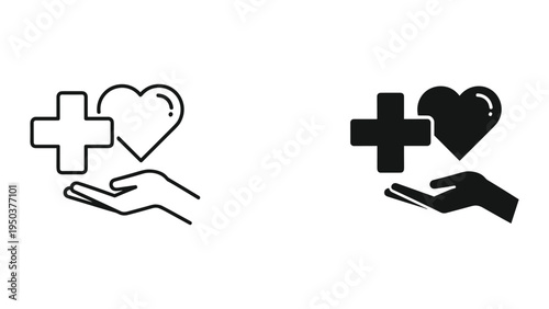 Medical Health Care Icon With Heart and Cross Symbol on Hand, Symbolizing Aid and Support