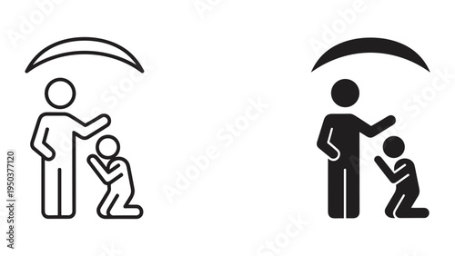 Protection Icon: Adult Shielding Child Under Arc, Outline and Silhouette Symbols