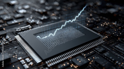 Computer chip with growth chart rising over circuit board background