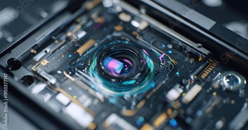 Close up of a digital camera lens showing internal components and details