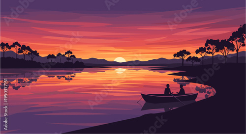 A serene, vibrant sunset paints the sky and reflects upon calm waters, with a small boat carrying two people near the tranquil shore.