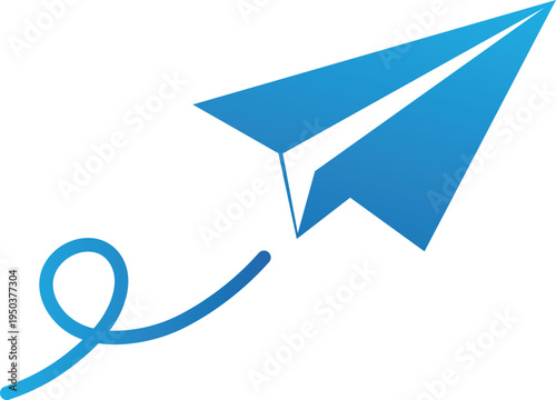 Blue paper airplane with a curved blue trail flying across white background
