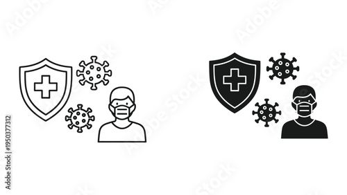 Person Wearing Face Mask Protected by Shield from Viruses, Covid-19 Protection Icon
