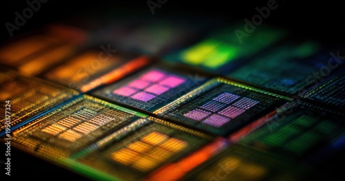 Close up of colorful computer chip components showing technology details