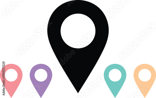 Black map pin with pastel colored map pins below location marker navigation destination pointer