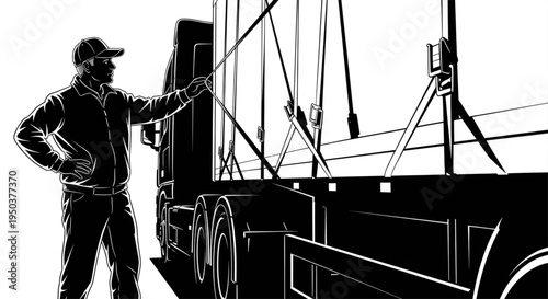 Truck driver securing cargo with straps on flatbed trailer silhouette vector illustration