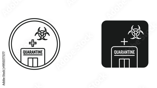 Quarantine building icon with biohazard symbol and cross - Line and Solid styles