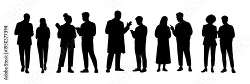 Silhouettes show diverse people in conversation or meeting. Some gesture actively, others listen attentively. The group stands side by side, united in focus. Ideal for business, teamwork