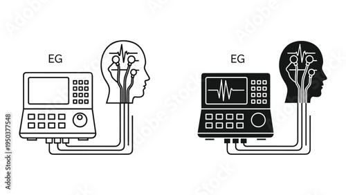 EEG Machine and Human Head Silhouette with Electrodes