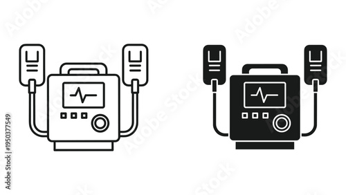 Defibrillator Icon Set: Line Art and Silhouette Medical Device