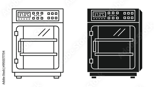 Laboratory Incubator Icon Set - Line Art and Silhouette with 37.0°C Display