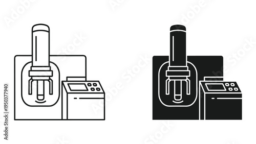 Industrial Robot Arm and Control Panel - Line Art and Silhouette Icons