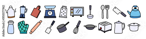 kitchen utensils and appliances doodle, hand drawn cooking tools icon set, culinary equipment vector, restaurant kitchenware collection