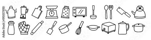 Kitchenware Icons Set Hand Drawn Doodle Cooking Utensils Collection, Home Cooking Tools Line Art Vector Illustration