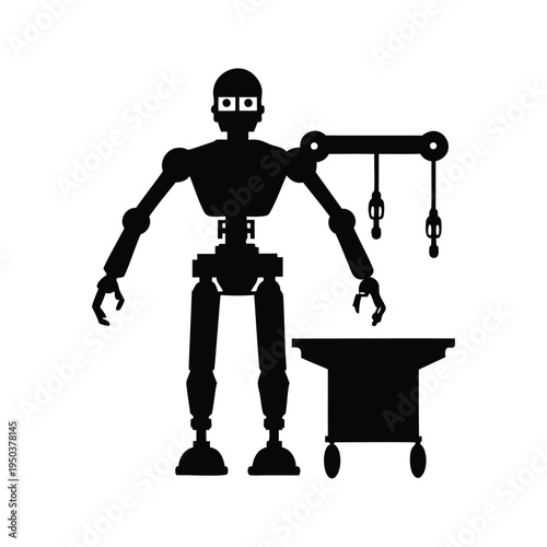 Advanced robot arm silhouette vector illustration,A detailed black and white silhouette vector illustration of an advanced robot arm