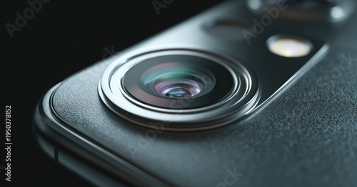 Close up of a modern smartphone camera lens and body details on dark background
