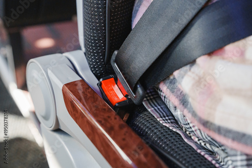 Seat belt secured on a bus during a city trip in sunny weather