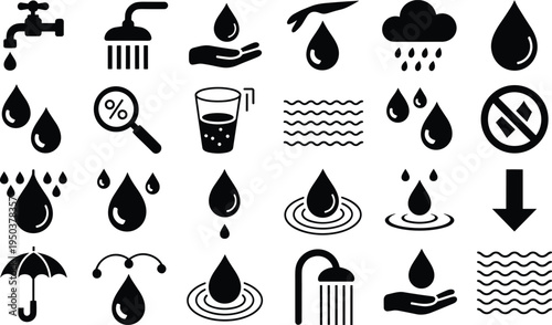 Water and plumbing icon collection with faucet, shower, raindrops, glass, umbrella, waves and filtration symbols representing clean water, rainfall, hygiene, conservation and liquid concepts
