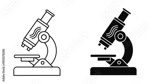 Microscope Icon Set: Black and White Line Art and Silhouette for Science, Research, and Education