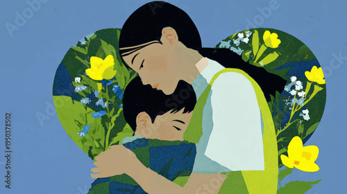 Tender Mother Embracing Child Inside Floral Heart Frame Celebrating Mother’s Day Love, Care, Family Bond and Emotional Warmth