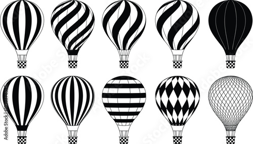 Hot Air Balloon Silhouette Collection and Aerostat Vector Illustration Set for Travel Adventure Aviation Festival Design Isolated on White Background for SEO