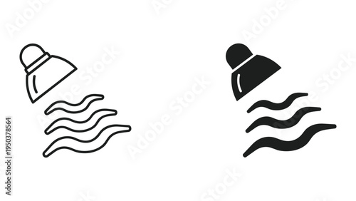 Shower Head Icon with Flowing Water - Outline and Solid Fill Versions