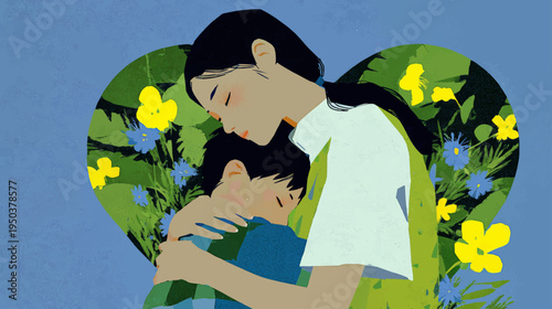 Tender Mother Embracing Child Inside Floral Heart Frame Celebrating Mother’s Day Love, Care, Family Bond and Emotional Warmth