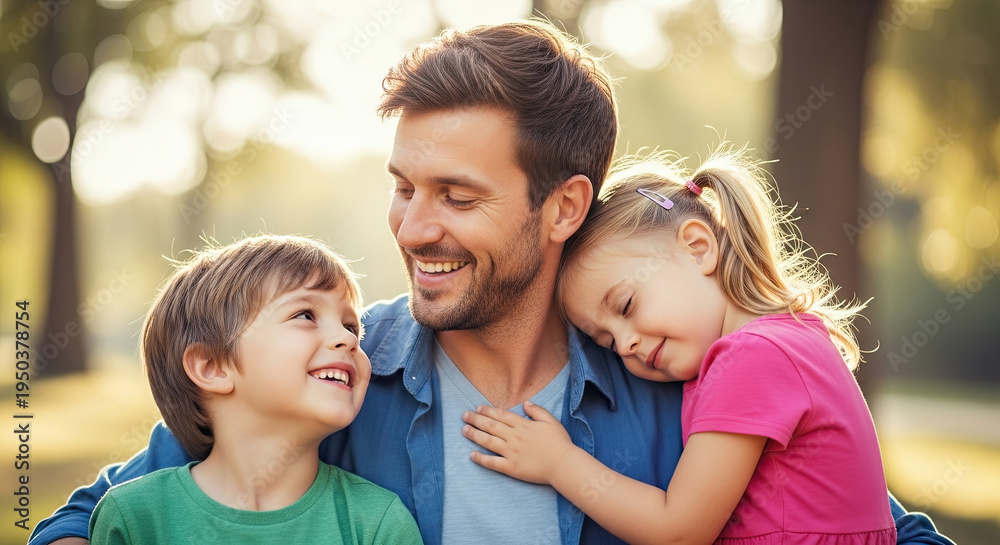 Fototapeta premium Father sitting with two children outdoors—symbolizing love, joy, bonding, and the warm, celebratory spirit of Father’s Day.