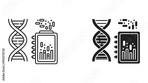 DNA Helix and Scientific Equipment with Data Visualization Icons: Genetics Research and Biotech Concept