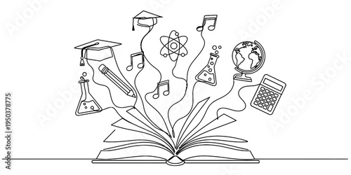 One Line Open Book With Education Science Music Knowledge Icons