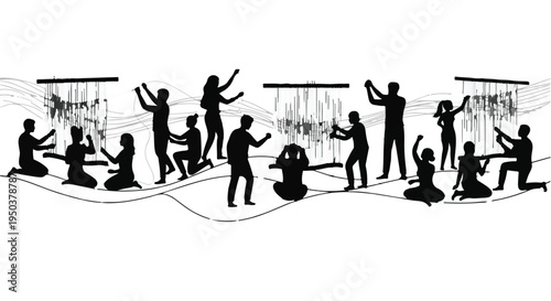 Silhouettes of people walking and dancing together on a city street representing movement and everyday life