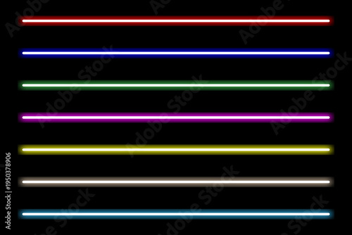 Luminous neon lines isolated, lights lines set in different colors, retro led neon lamp tube, glowing laser beams streaks on white background