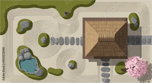 Zen rock garden with a traditional Japanese house, raked sand patterns, tranquil pond, and blossoming cherry tree, viewed from above.